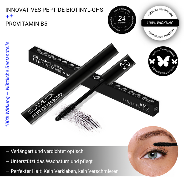 Peptide Mascara mit geöffnetem Bürstchen – intensive Pflege und Farbe