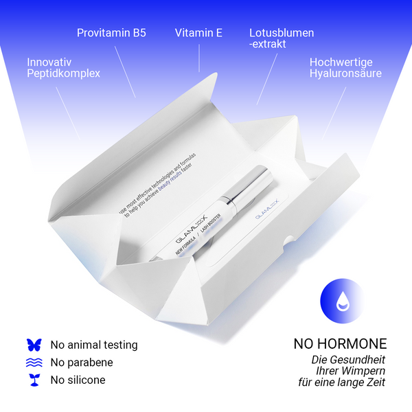 Verpackung des veganen Wimpernserums ohne Hormone – Made in Germany, natürlich und wirksamWimpernpflege